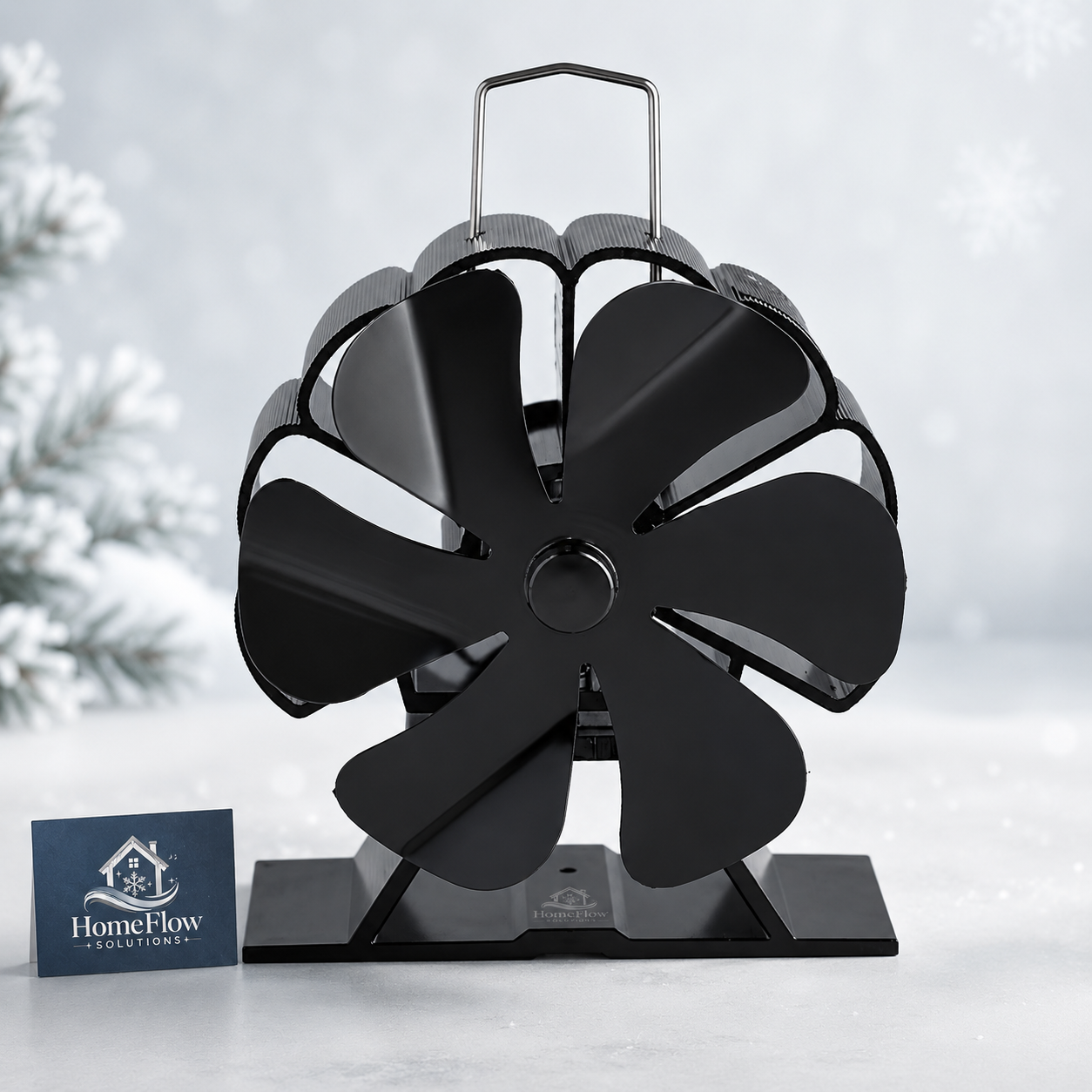 Black stove fan with 'HomeFlow Solutions' logo on a white background