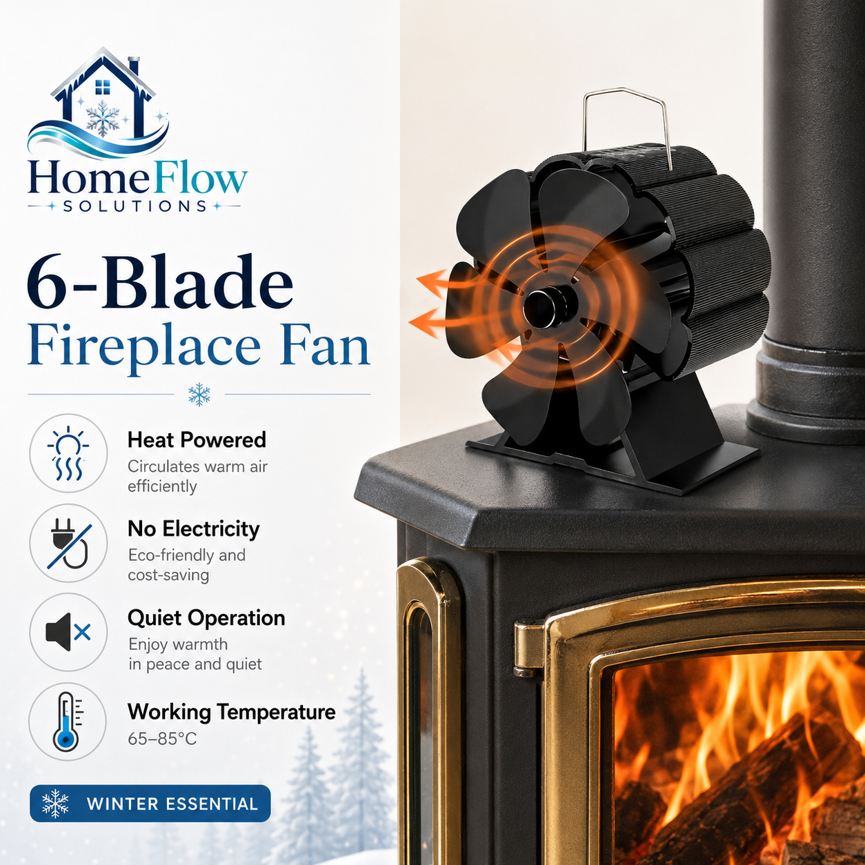 6-blade fireplace fan with HomeFlow Solutions branding and product features.