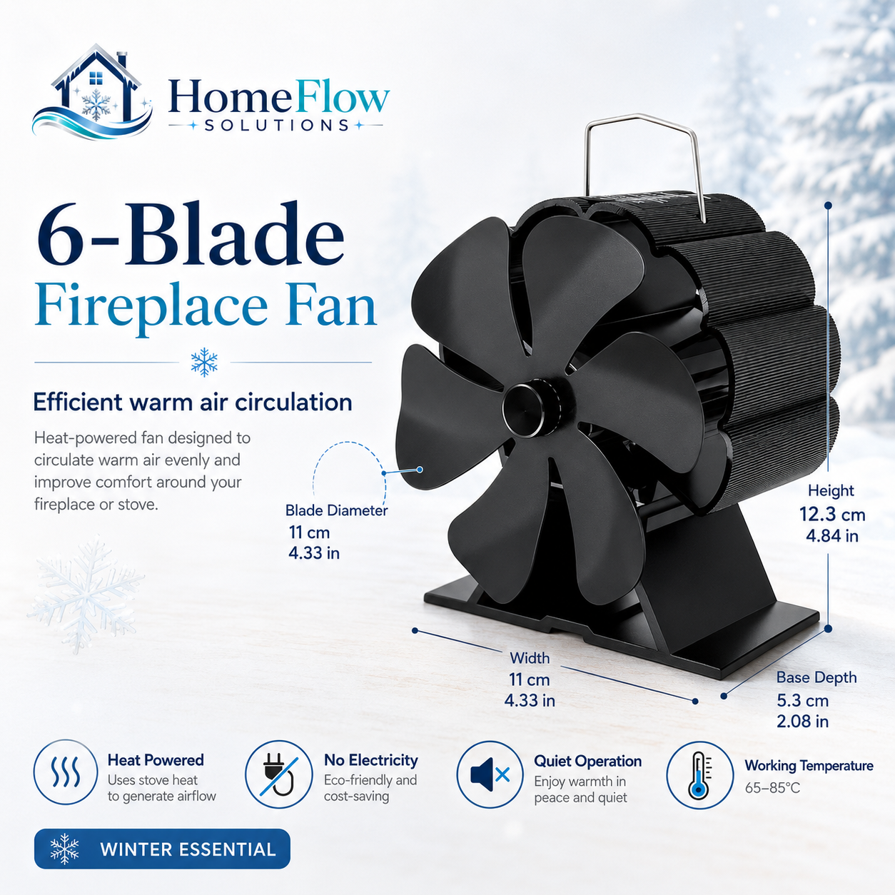 6-blade fireplace fan with HomeFlow Solutions branding on a snowy background
