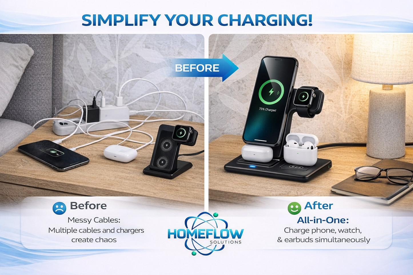 Homeflow iphone 3 in 1 charging dock before and after problem solving