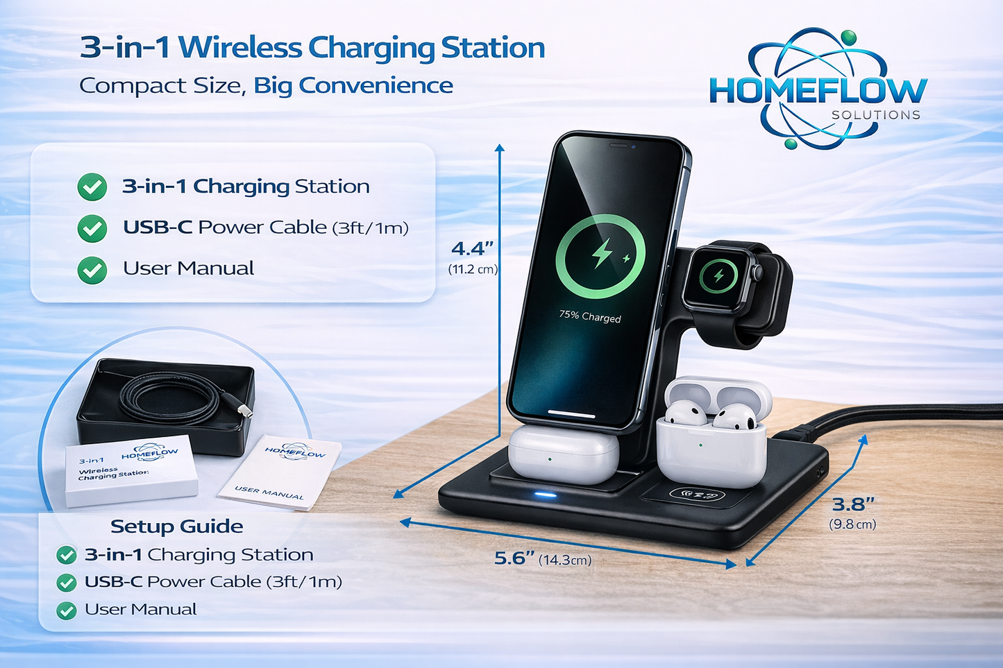 Homeflow iphone 3 in 1 charger on display with dimensions