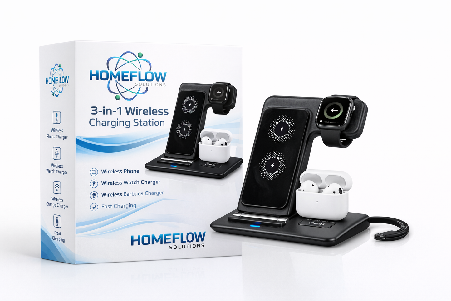 homeflow iphone charging station 3 in 1 with packaging display